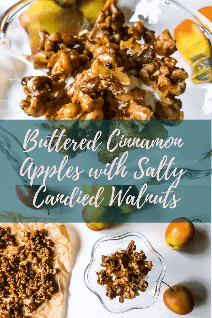 Buttered Cinnamon Apples with Salty Candied Walnuts & Vanilla Ice Cream is a delicious dessert with just the right mix of sweet and salty, softness and crunch. And as if that wasn't enough, it's actually really quick and easy to make. #alwaysusebutter #butteredapples #candiedwalnuts #quickdessert #easydessert #recipe