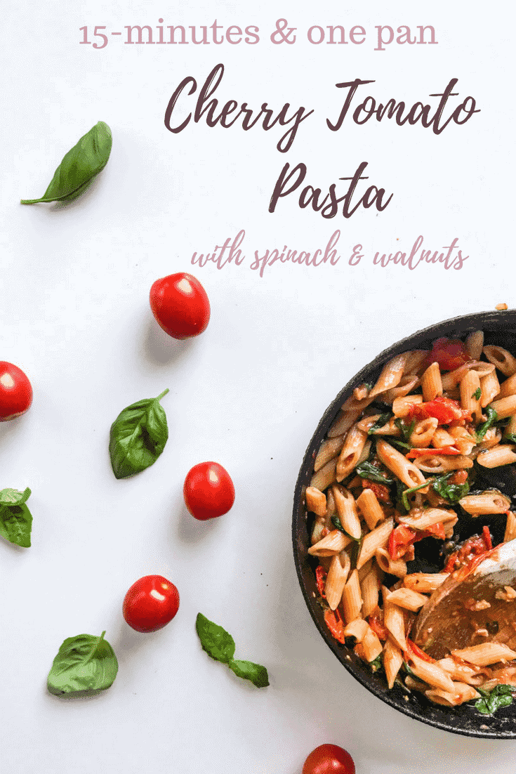15-minute One-pan Cherry Tomato Pasta with Spinach and Walnuts is delicious and full of flavor, yet quick and easy to make - all in one pan. Perfect for a vegetarian or vegan weeknight treat, but tasty enough for a weekend dinner party. #alwaysusebutter #onepan #quickrecipe #easyrecipe #quick #easy #vegan #vegetarian #cherrytomatoes #tomatosauce #pastapomodoro #pomodorosauce